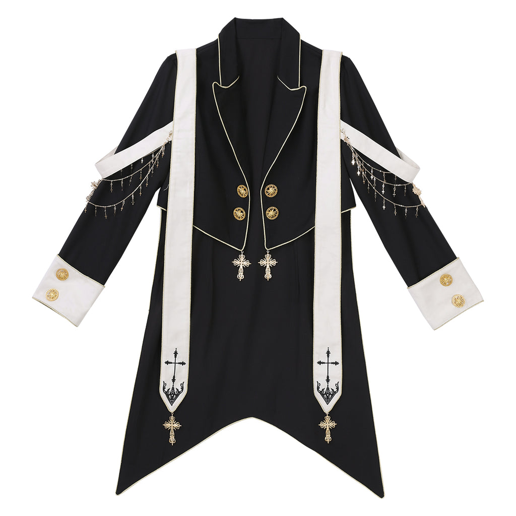 Ouji Fashion Gothic Regal Lolita Ensemble Black Gold Embroidered Tailcoat Ruffled Blouse Tailored Pants