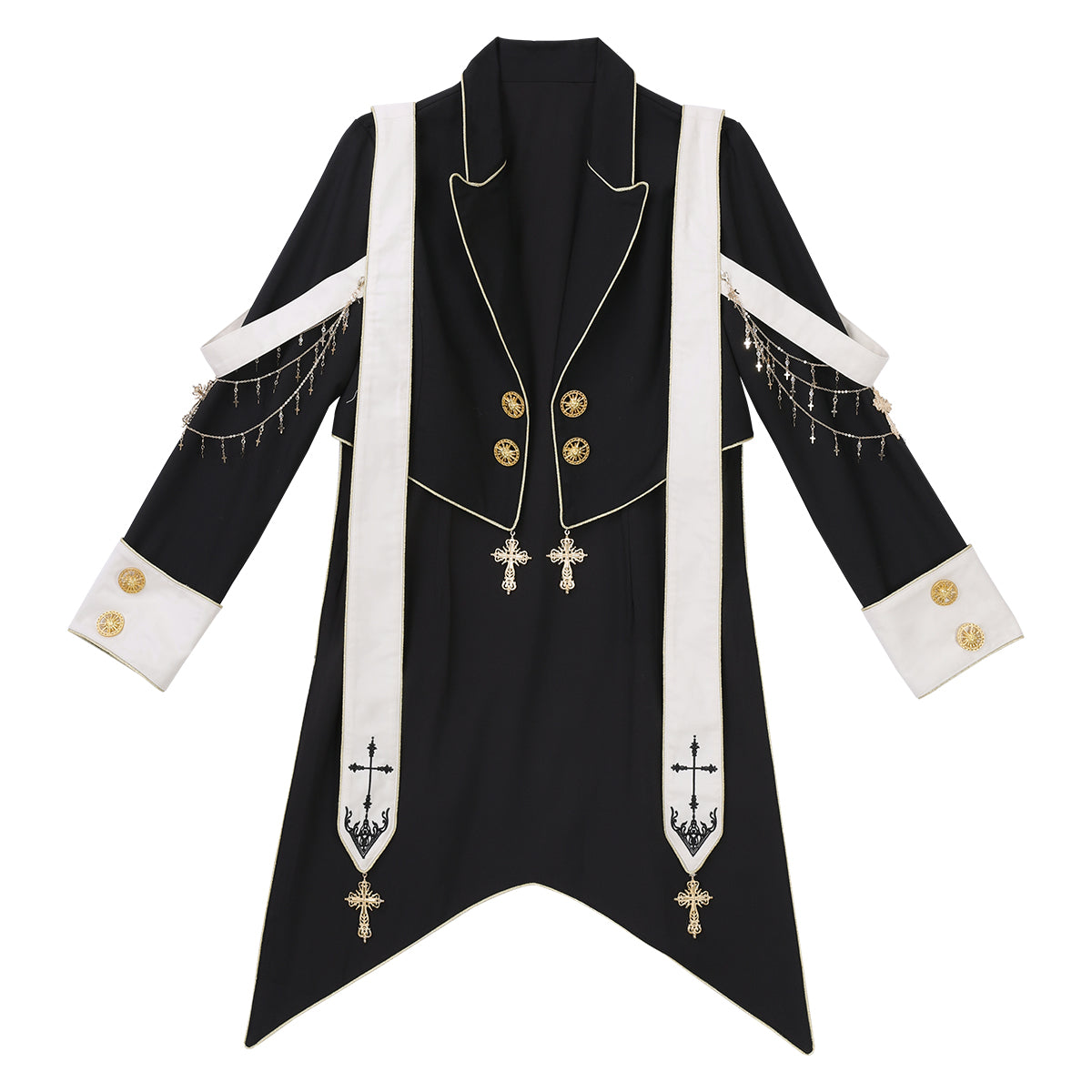 Ouji Fashion Gothic Regal Lolita Ensemble Black Gold Embroidered Tailcoat Ruffled Blouse Tailored Pants