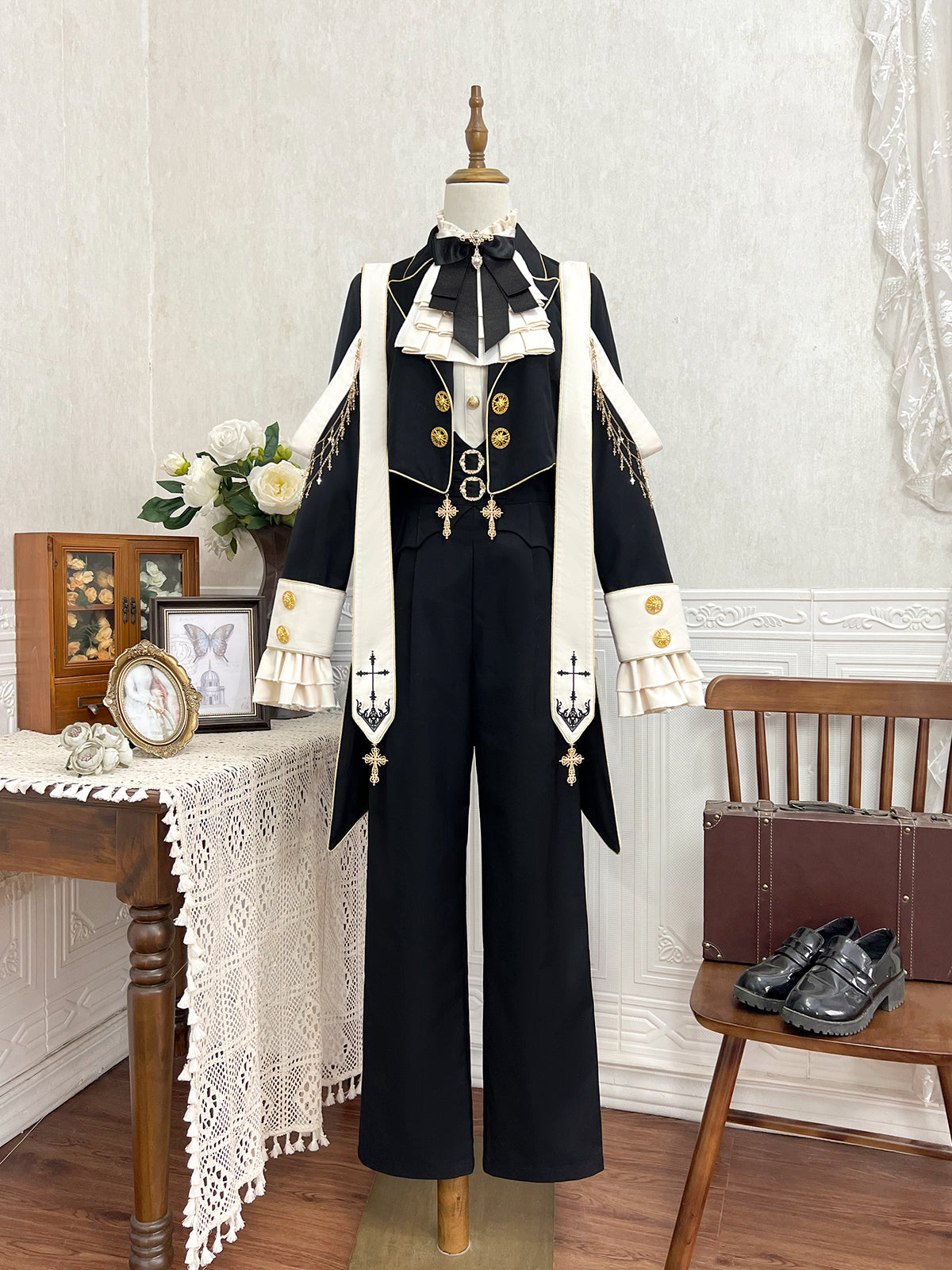 Ouji Fashion Gothic Regal Lolita Ensemble Black Gold Embroidered Tailcoat Ruffled Blouse Tailored Pants