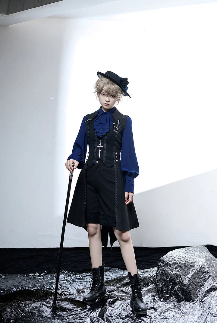 Ouji Fashion Lolita Black Vintage Gothic Lolita Tailcoat Prince Style Waist Corset Vest Elegant