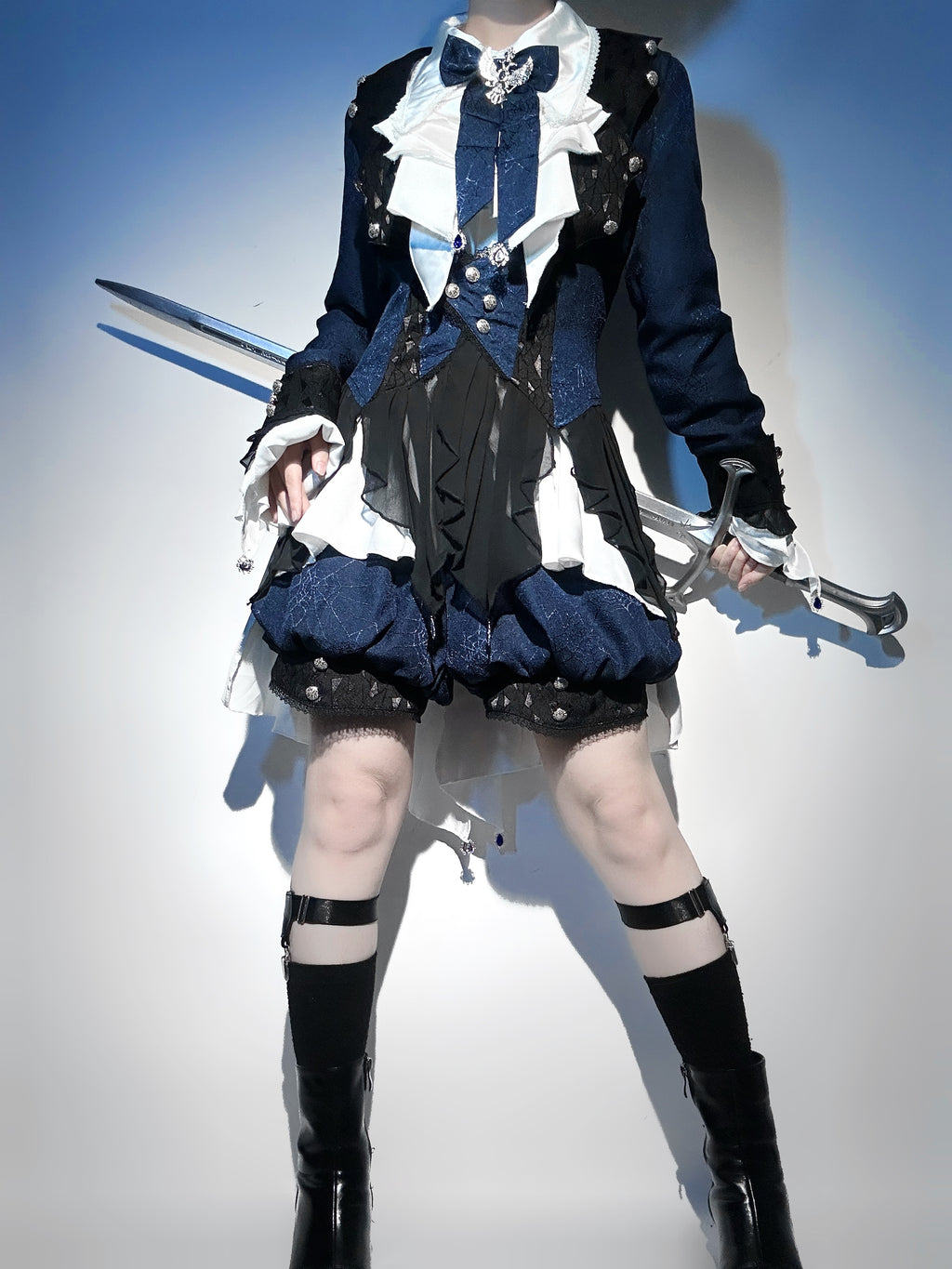 Ouji Fashion Lolita Dress Suit Navy Blue Ruffle Layer Shorts Set