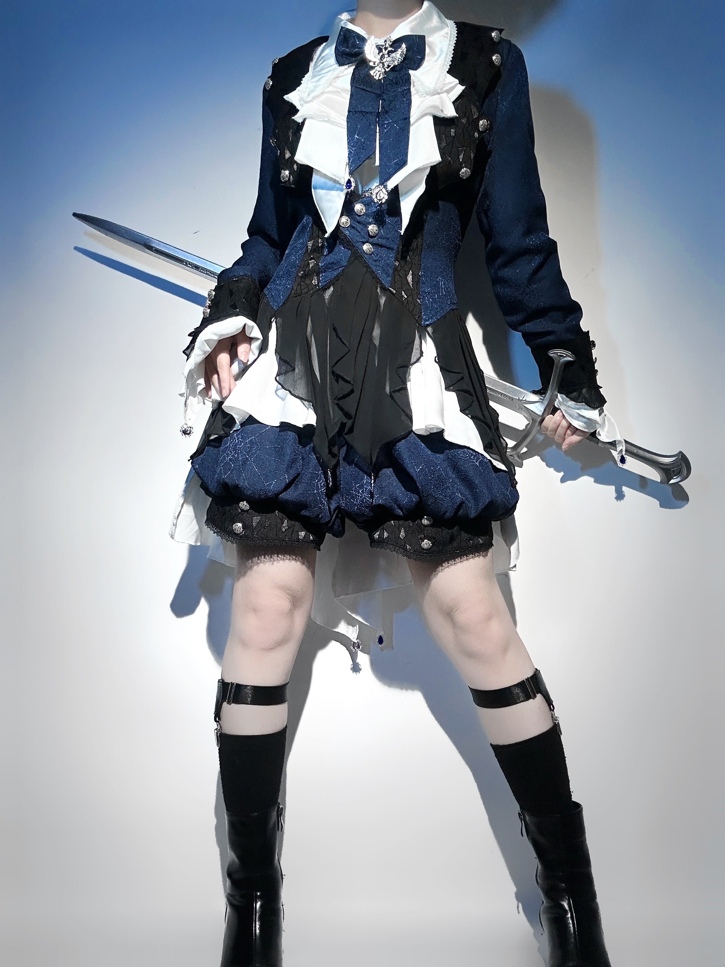 Ouji Fashion Lolita Dress Suit Navy Blue Ruffle Layer Shorts Set