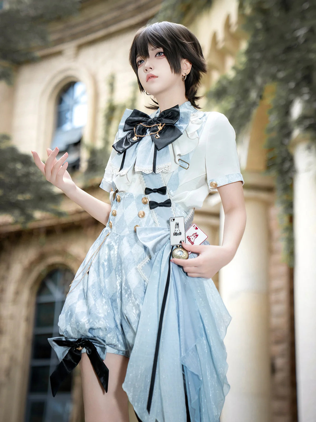 Ouji Fashion Lolita Dress Alice Set Light Blue Ruffled Suspender Shorts Bow Top