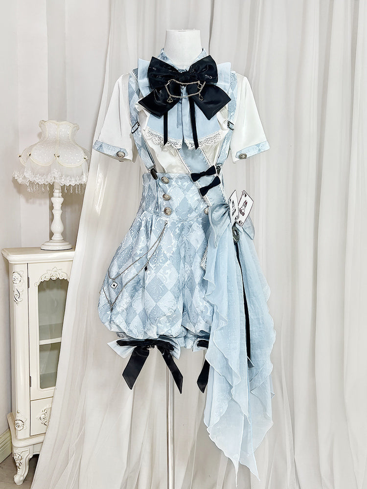 Ouji Fashion Lolita Dress Alice Set Light Blue Ruffled Suspender Shorts Bow Top
