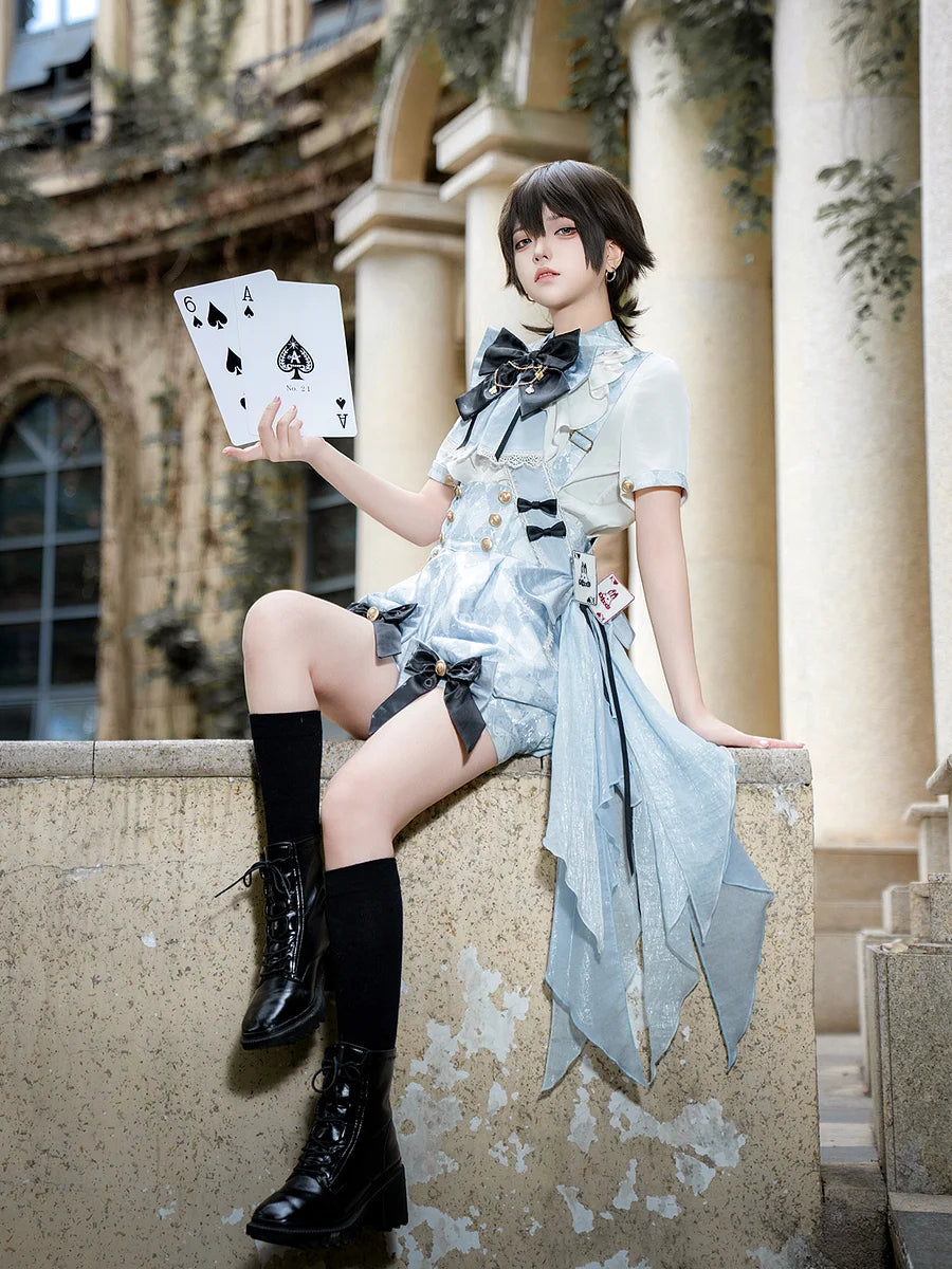 Ouji Fashion Lolita Dress Alice Set Light Blue Ruffled Suspender Shorts Bow Top