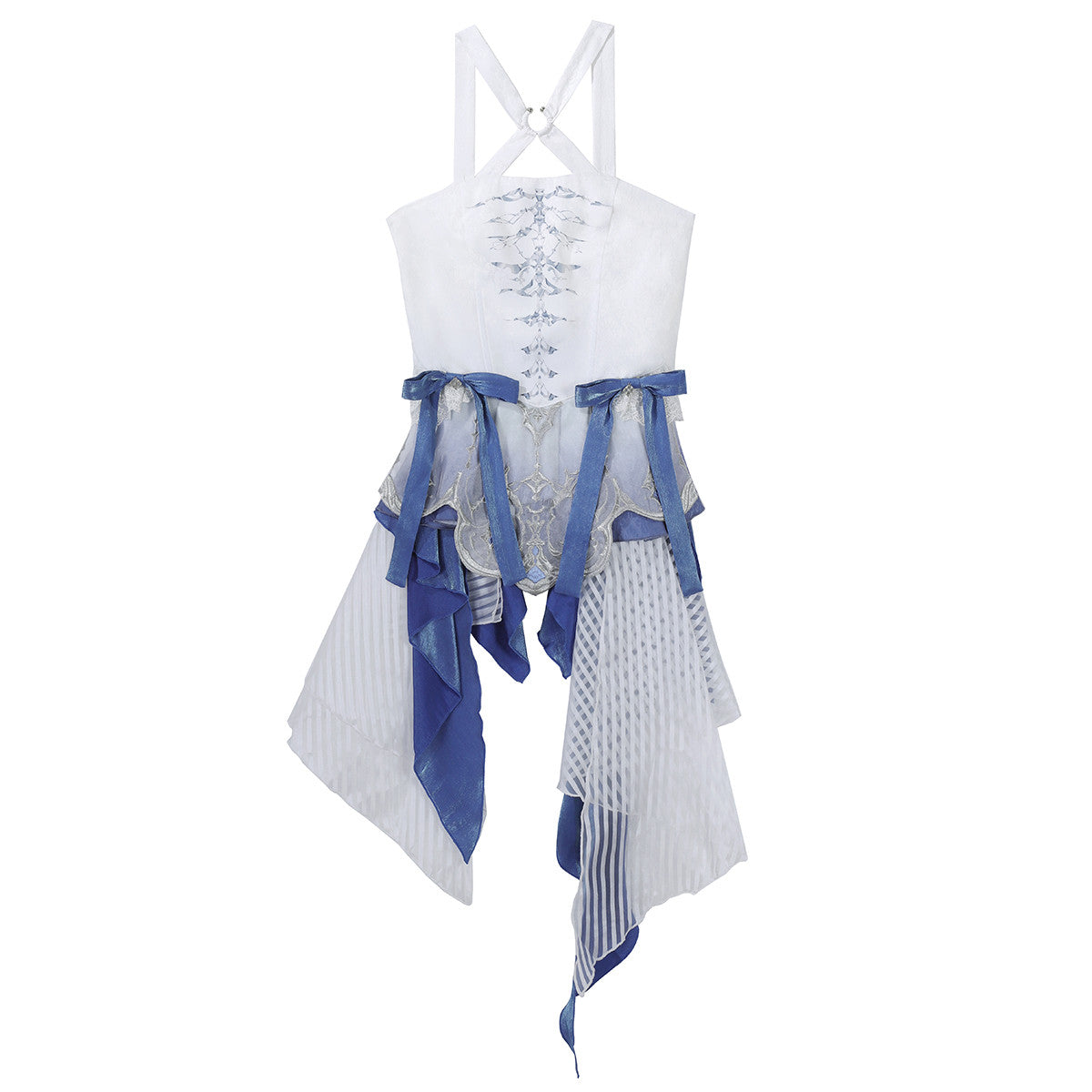 Ouji Fashion Lolita Layered Blue White Embroidered Suit Ruffled Hem Short Length Outfit