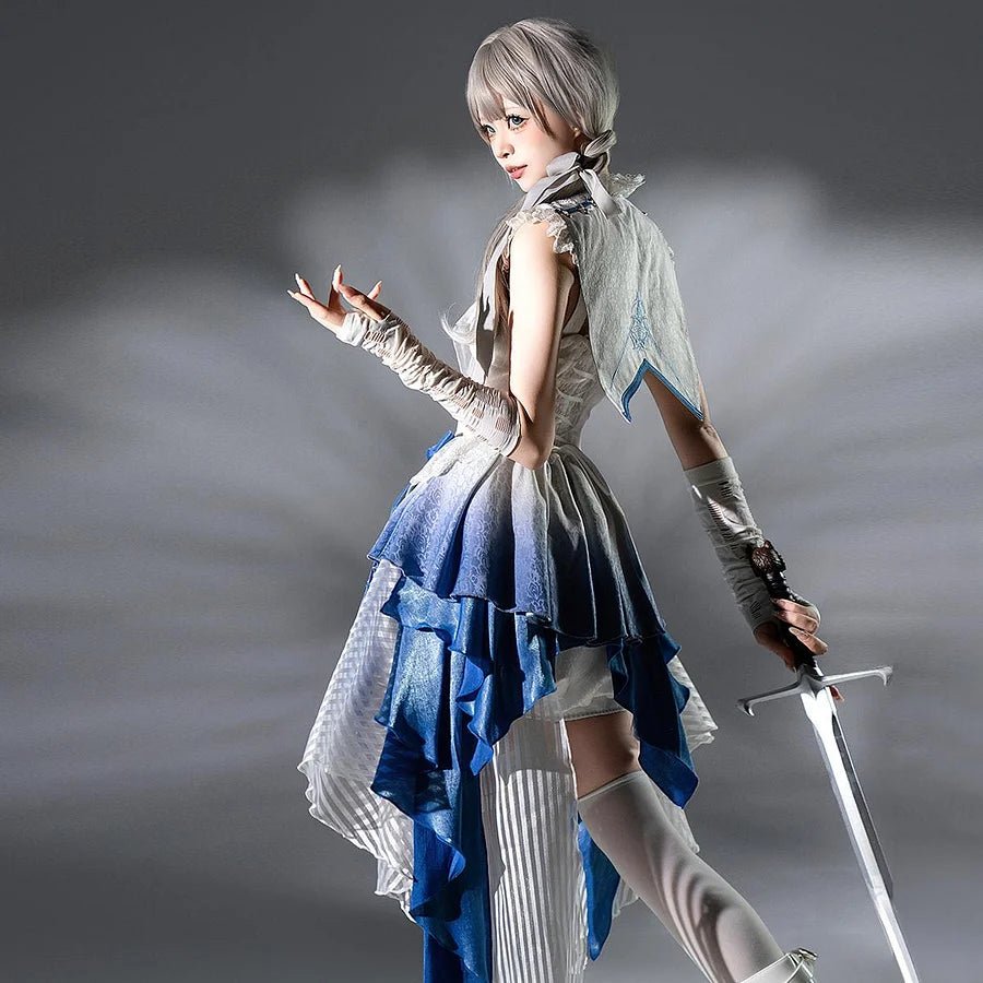 Ouji Fashion Lolita Layered Blue White Embroidered Suit Ruffled Hem Short Length Outfit