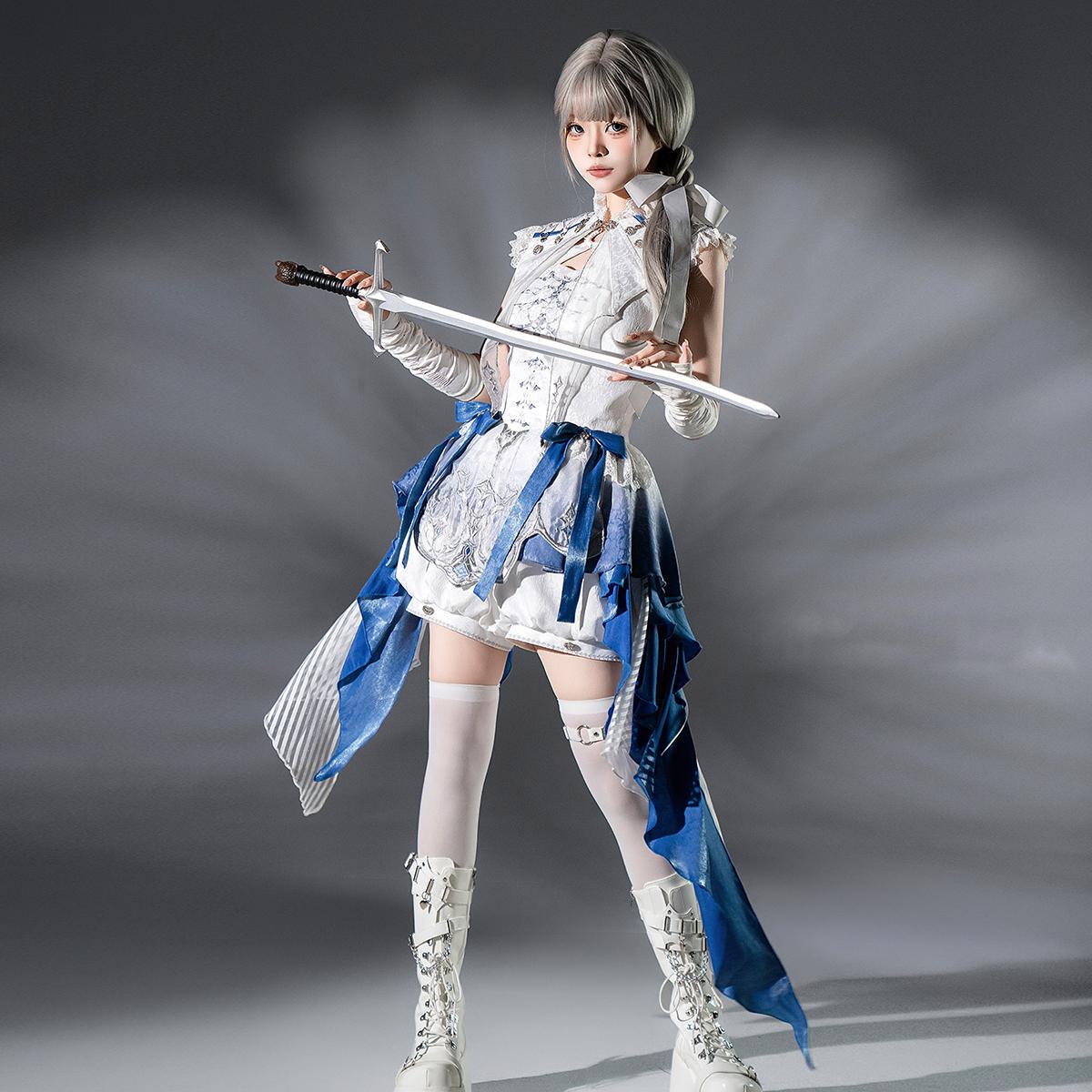 Ouji Fashion Lolita Layered Blue White Embroidered Suit Ruffled Hem Short Length Outfit