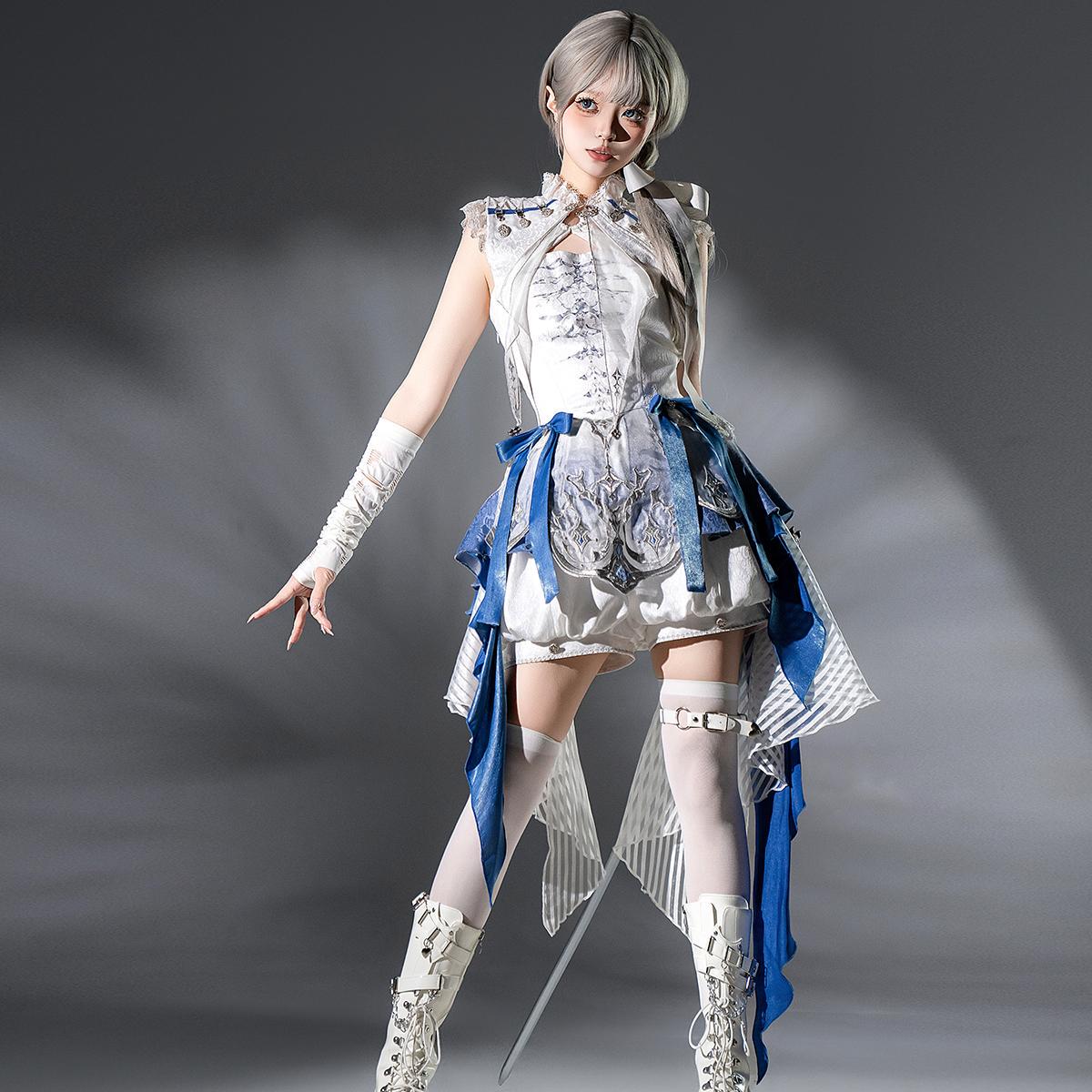 Ouji Fashion Lolita Layered Blue White Embroidered Suit Ruffled Hem Short Length Outfit