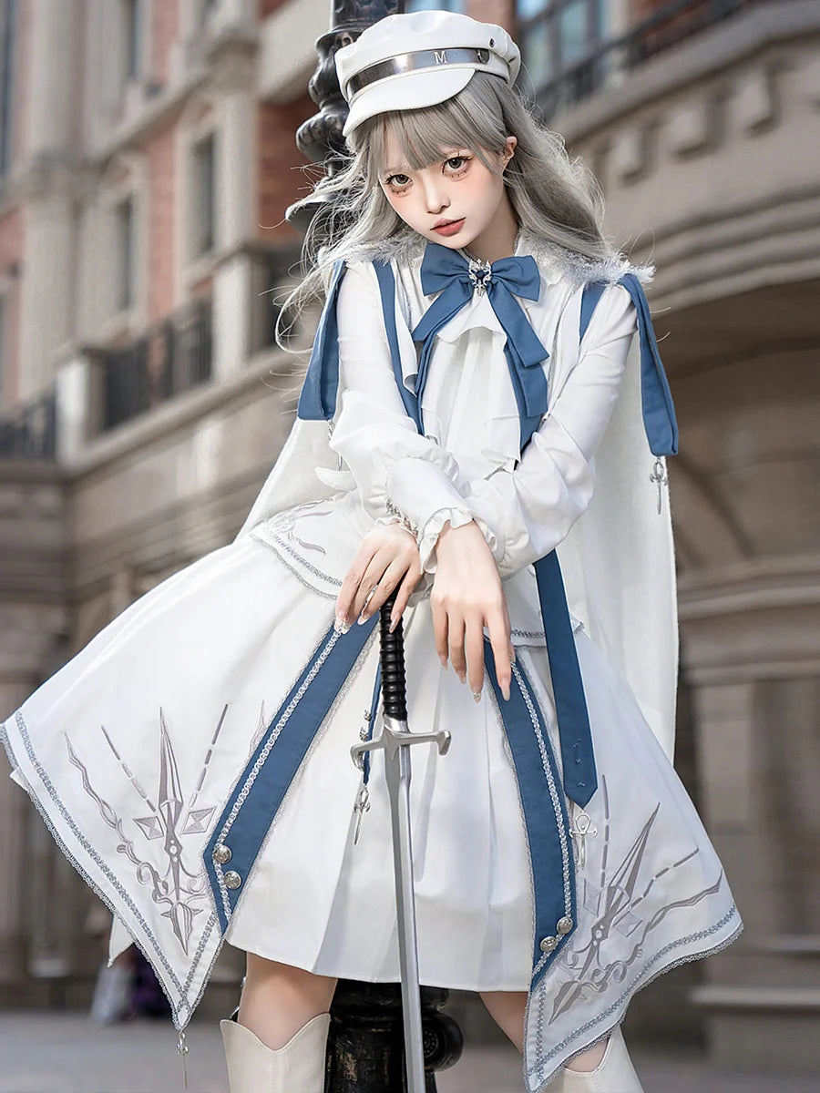 Ouji Fashion Lolita Military Lolita White - Blue Suit Long Sleeved Embroidered Set White Dresses