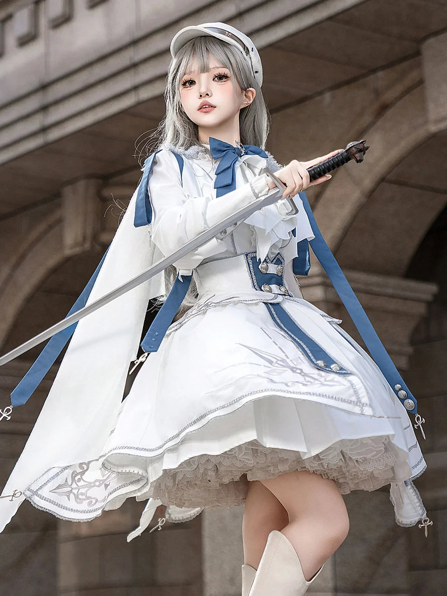Ouji Fashion Lolita Military Lolita White - Blue Suit Long Sleeved Embroidered Set White Dresses