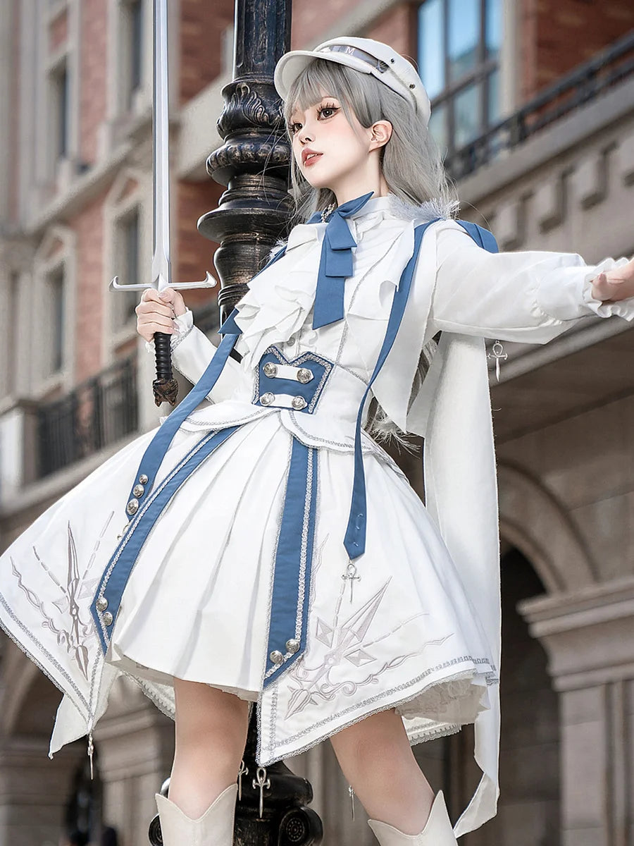Ouji Fashion Lolita Military Lolita White - Blue Suit Long Sleeved Embroidered Set White Dresses