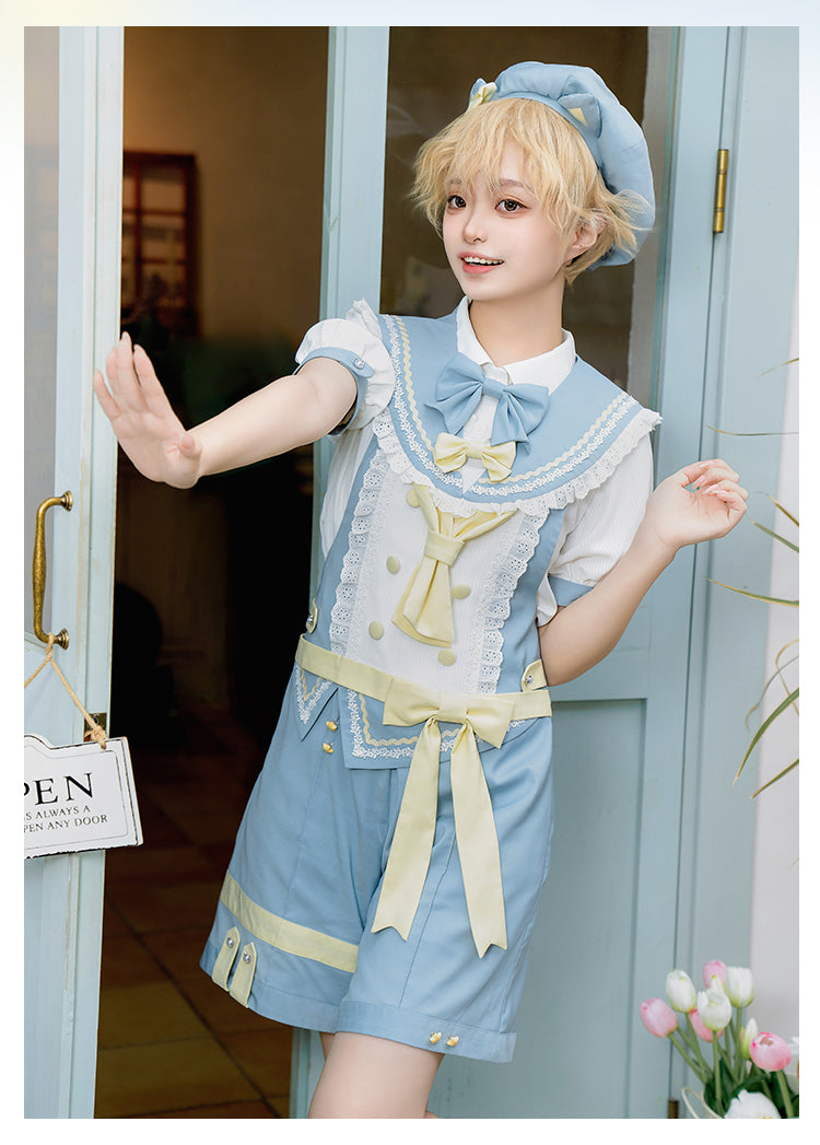 Ouji Fashion Lolita Outfit Set Meow Team Sweet Prince Style Summer Short Overalls with Red Blue