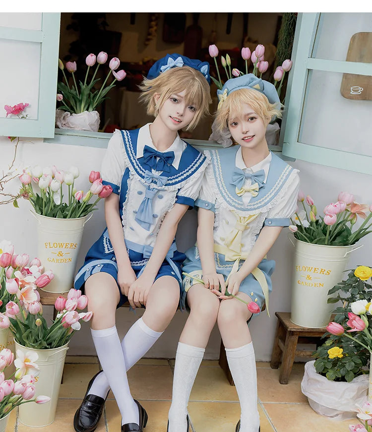 Ouji Fashion Lolita Outfit Set Meow Team Sweet Prince Style Summer Short Overalls with Red Blue