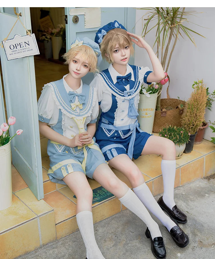 Ouji Fashion Lolita Outfit Set Meow Team Sweet Prince Style Summer Short Overalls with Red Blue