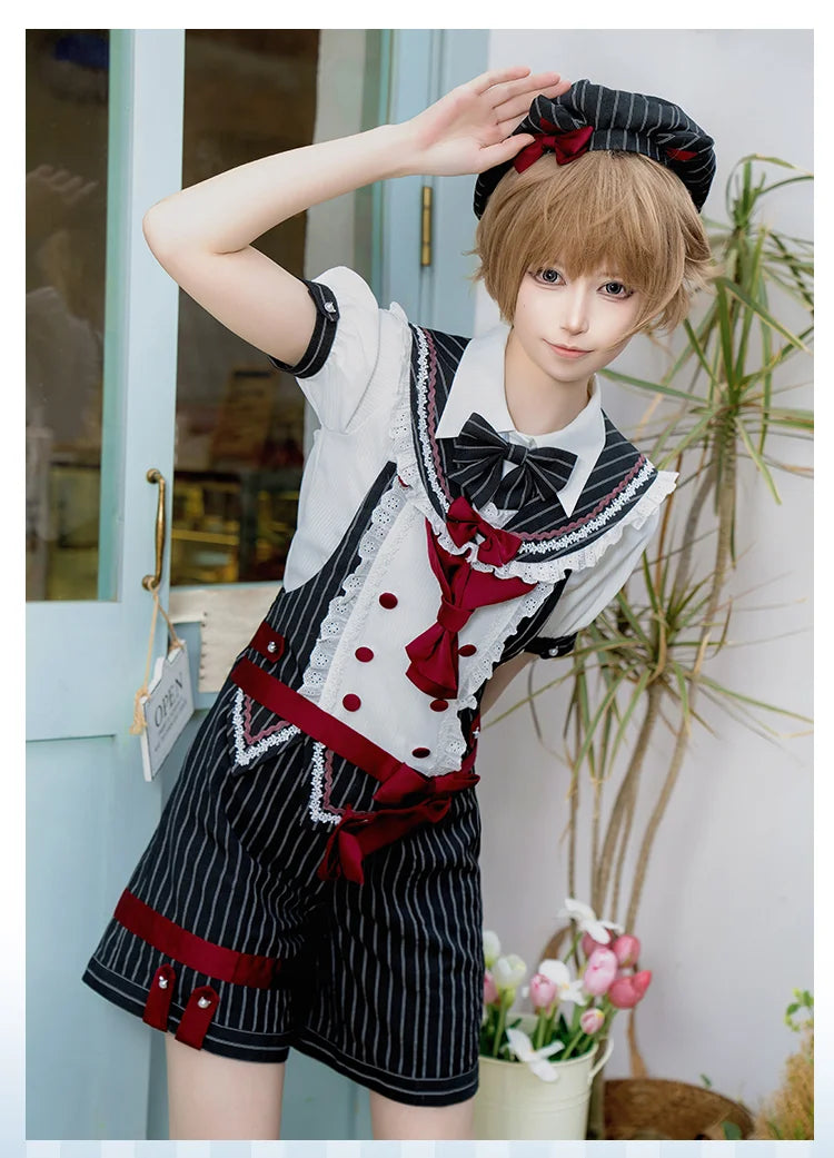 Ouji Fashion Lolita Outfit Set Meow Team Sweet Prince Style Summer Short Overalls with Red Blue