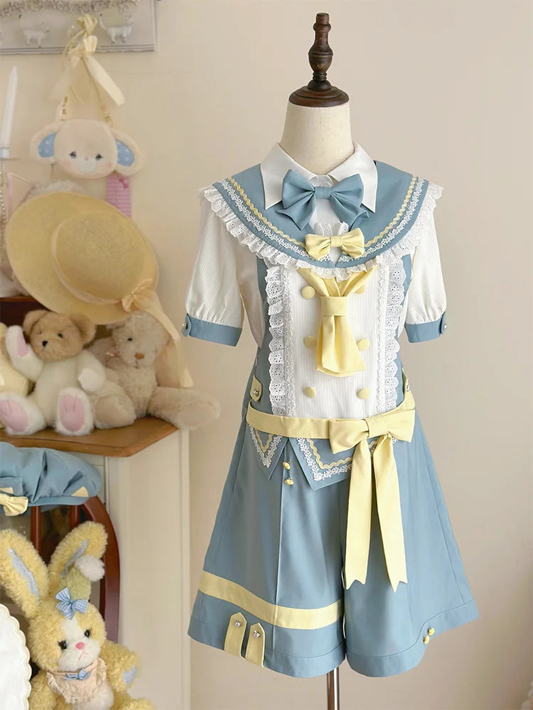 Ouji Fashion Lolita Outfit Set Meow Team Sweet Prince Style Summer Short Overalls with Red Blue