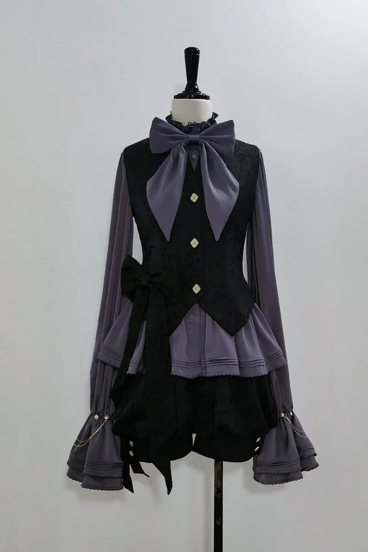 Ouji Fashion Lolita Outfit Vintage Gothic Purple Bow Shirt Black Vest Shorts Elegant Prince Style Blouse Shirt