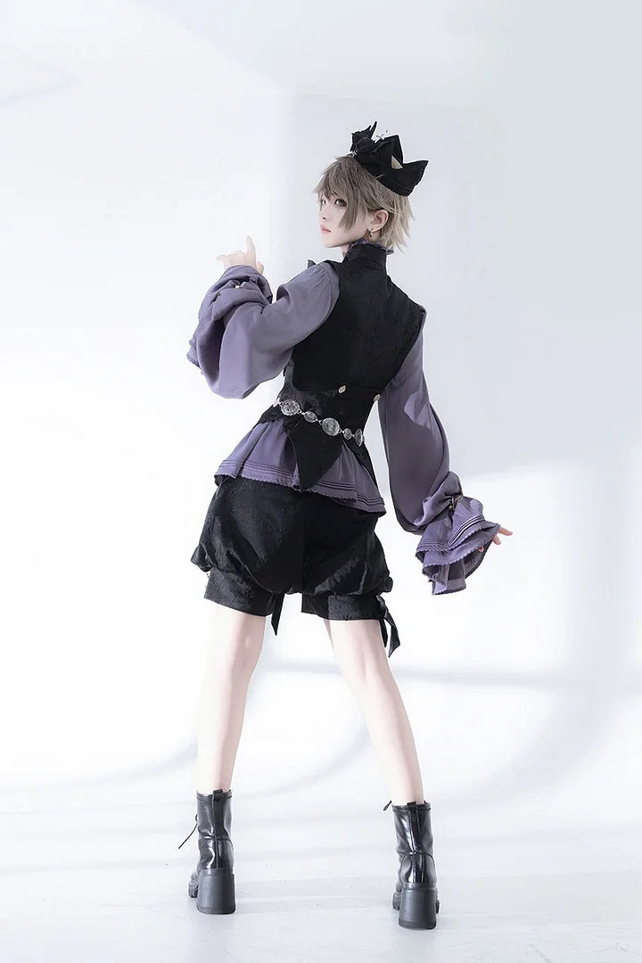 Ouji Fashion Lolita Outfit Vintage Gothic Purple Bow Shirt Black Vest Shorts Elegant Prince Style Blouse Shirt