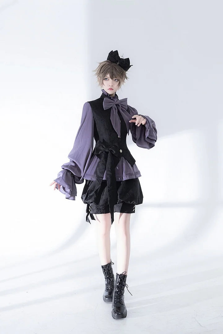 Ouji Fashion Lolita Outfit Vintage Gothic Purple Bow Shirt Black Vest Shorts Elegant Prince Style Blouse Shirt