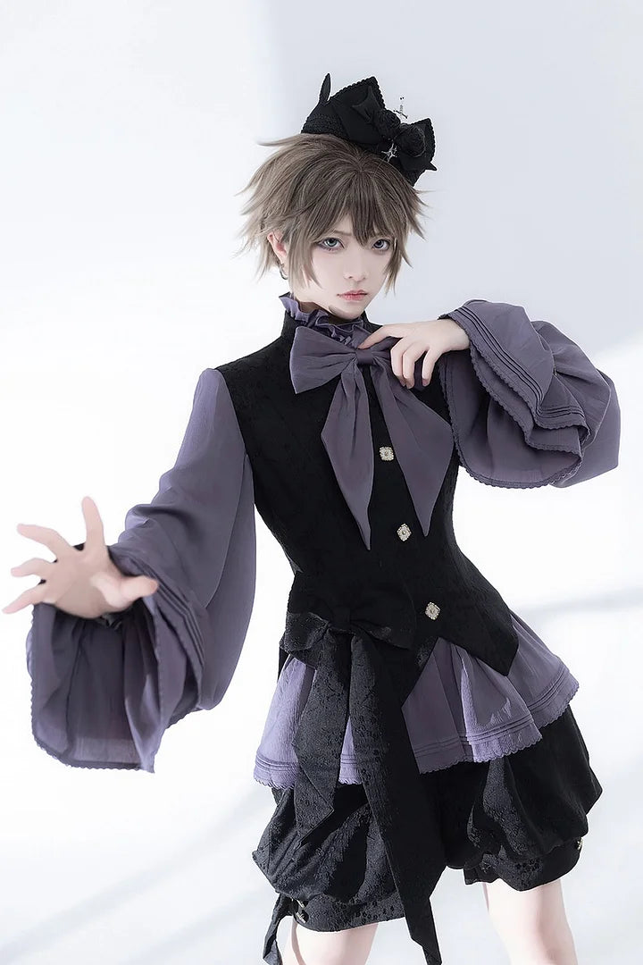 Ouji Fashion Lolita Outfit Vintage Gothic Purple Bow Shirt Black Vest Shorts Elegant Prince Style Blouse Shirt