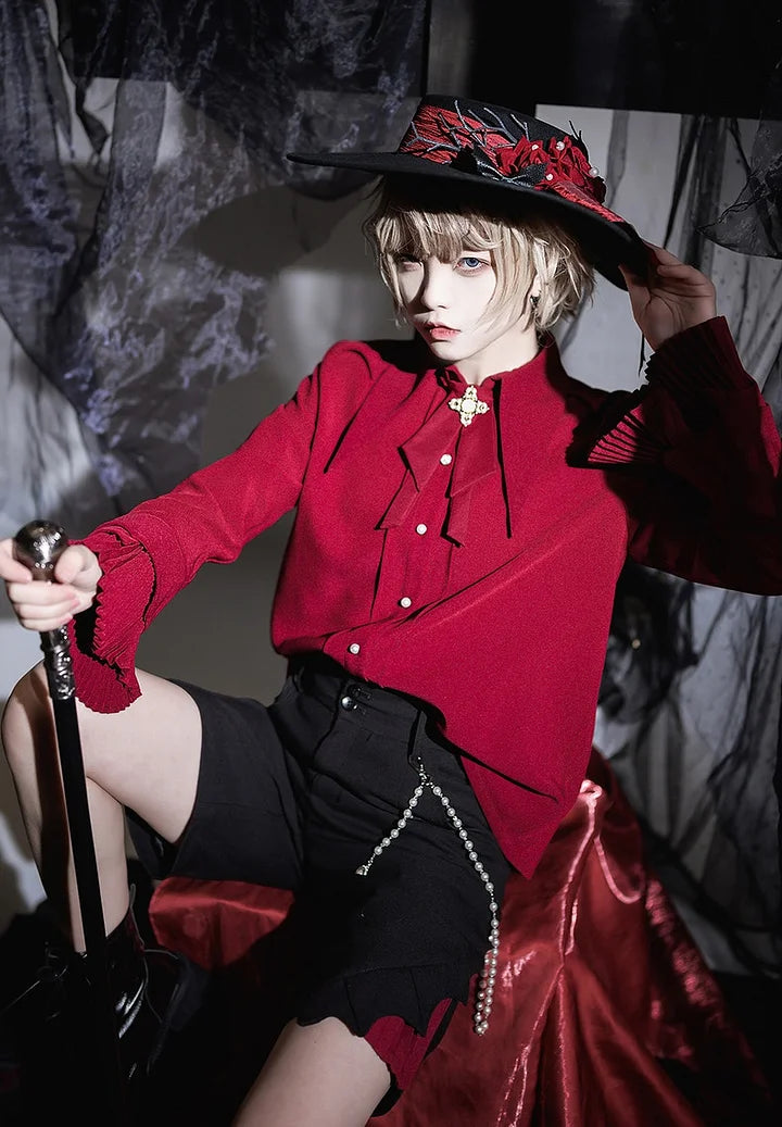 Ouji Fashion Lolita Pointed Collar Lolita Little Prince Solid Color Long-sleeved Shirt Elegant Retro British Style Red Blouse Shirt