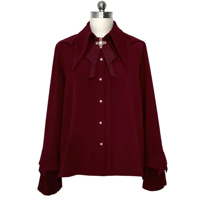 Ouji Fashion Lolita Pointed Collar Lolita Little Prince Solid Color Long-sleeved Shirt Elegant Retro British Style Red Blouse Shirt