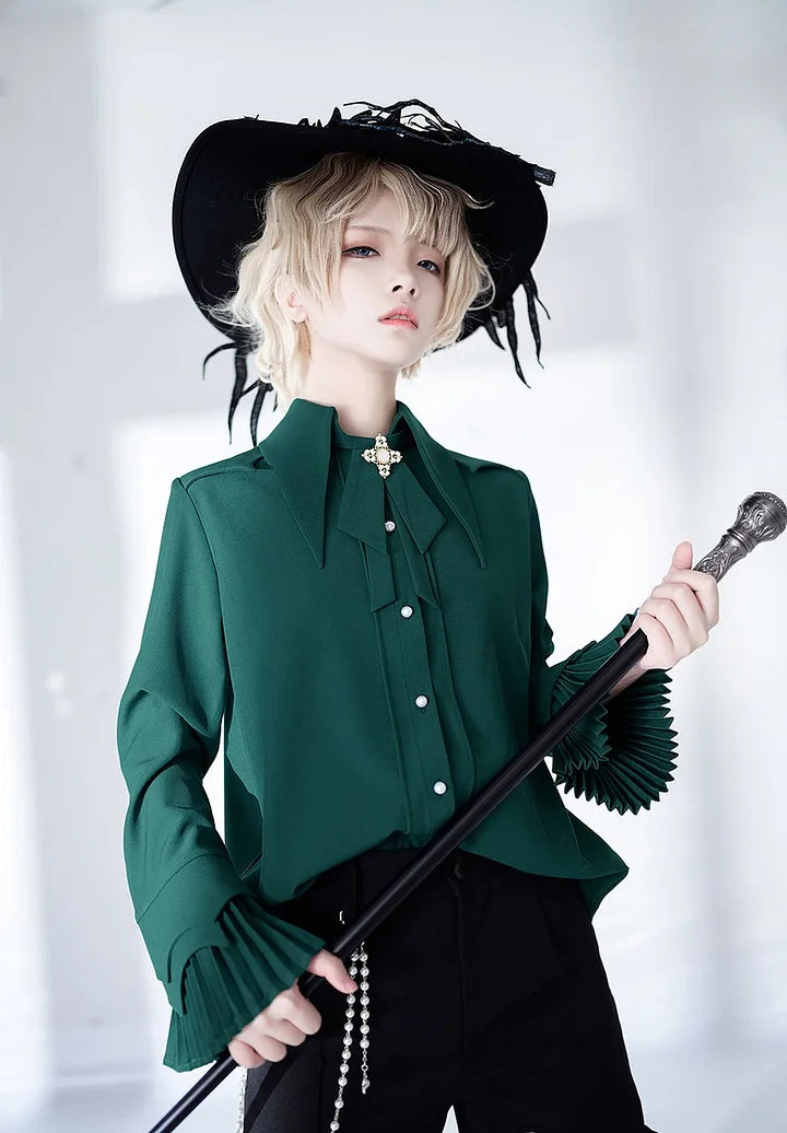 Ouji Fashion Lolita Pointed Collar Lolita Little Prince Solid Color Long-sleeved Shirt Elegant Retro British Style Red Blouse Shirt