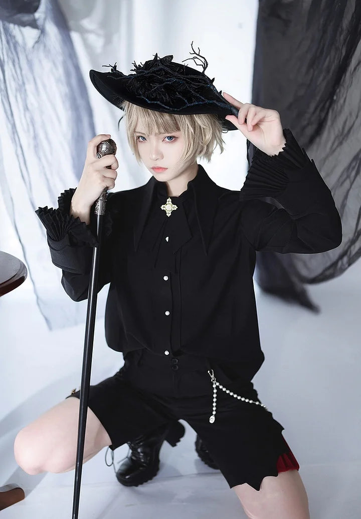 Ouji Fashion Lolita Pointed Collar Lolita Little Prince Solid Color Long-sleeved Shirt Elegant Retro British Style Red Blouse Shirt