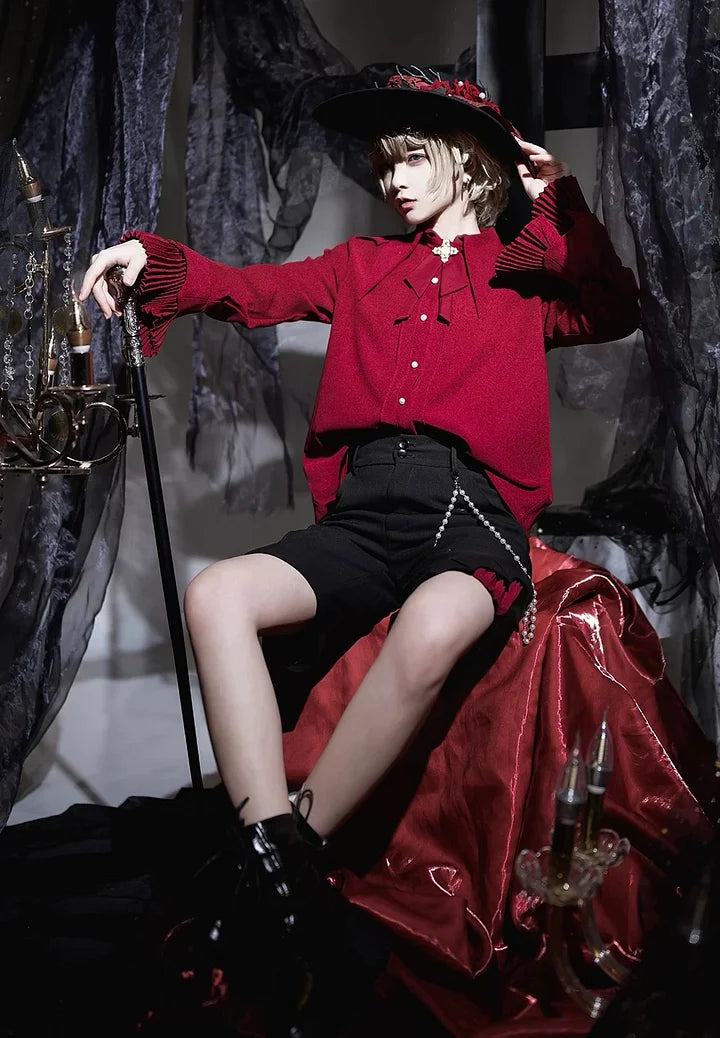 Ouji Fashion Lolita Pointed Collar Lolita Little Prince Solid Color Long-sleeved Shirt Elegant Retro British Style Red Blouse Shirt