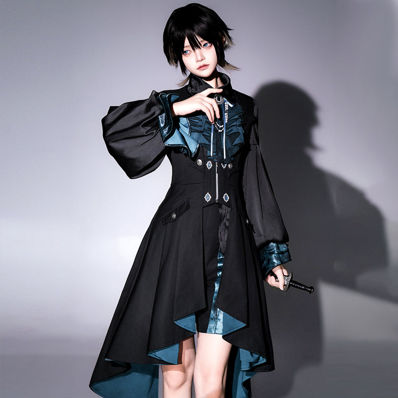 Ouji Fashion Lolita Set Black Teal Ruffled Steampunk Long Coat Outfit
