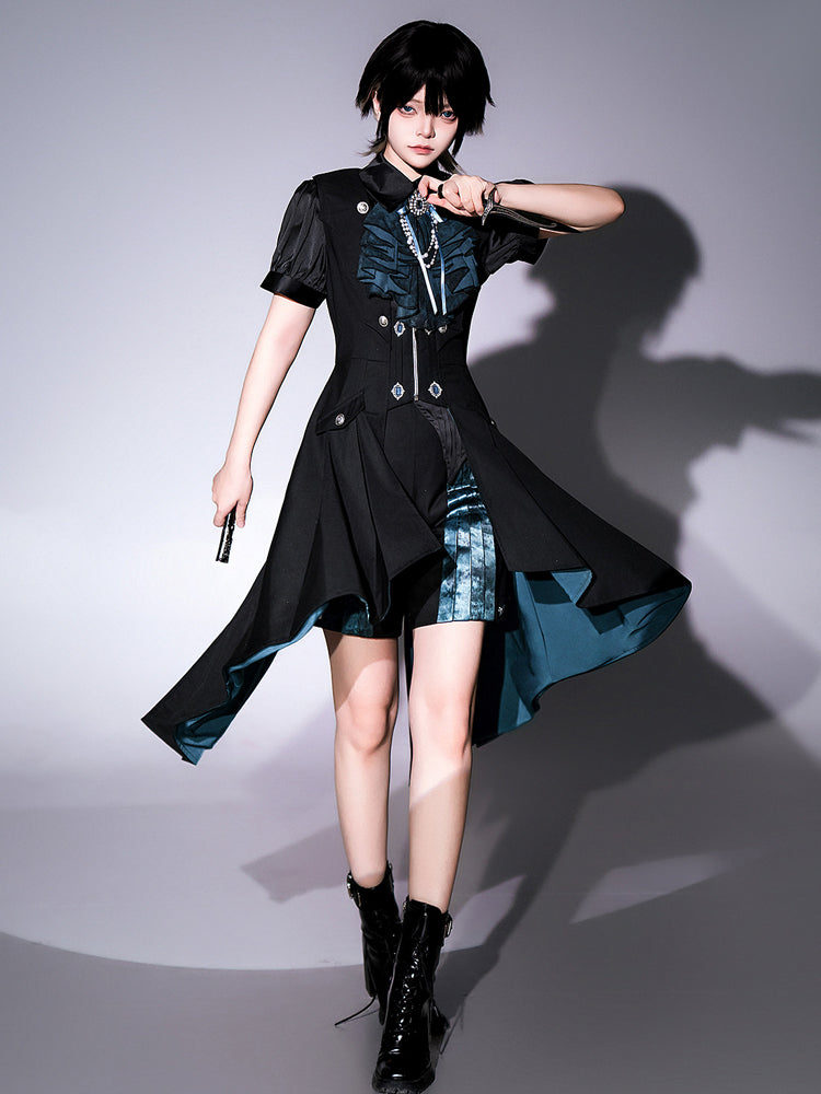 Ouji Fashion Lolita Set Black Teal Ruffled Steampunk Long Coat Outfit