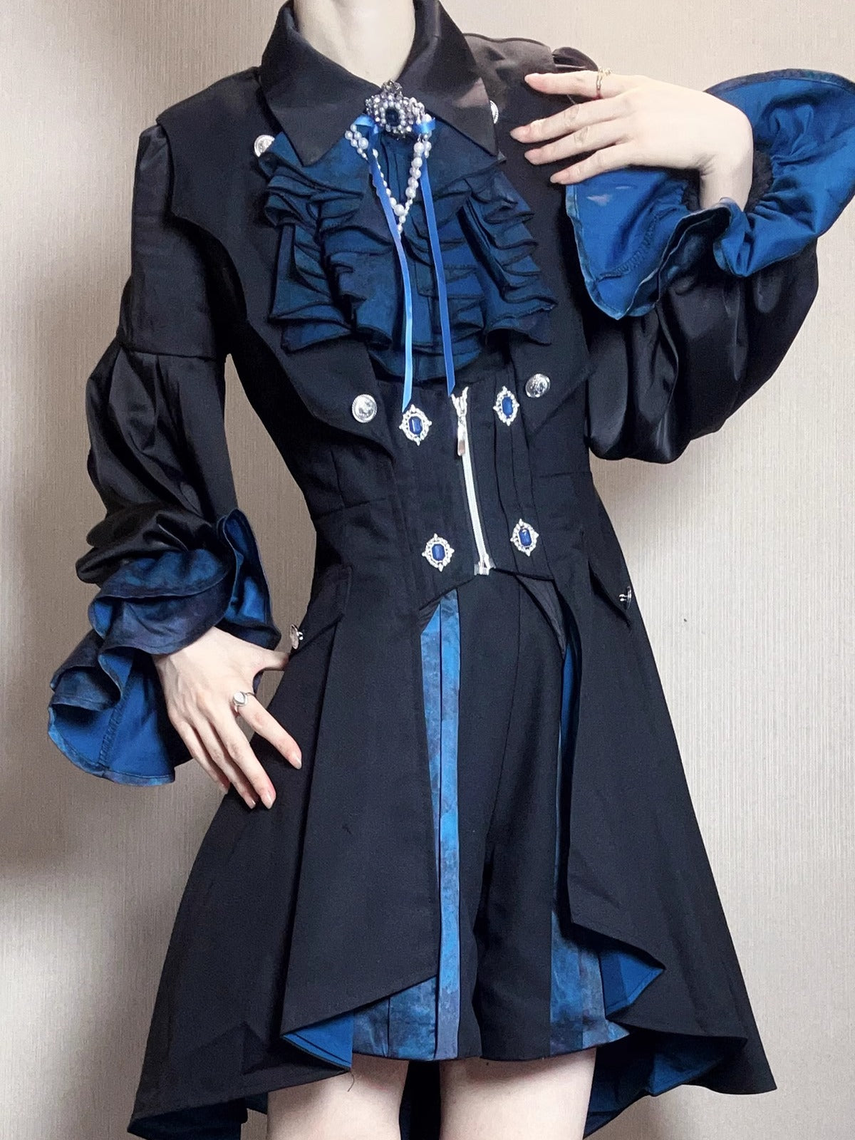 Ouji Fashion Lolita Set Black Teal Ruffled Steampunk Long Coat Outfit