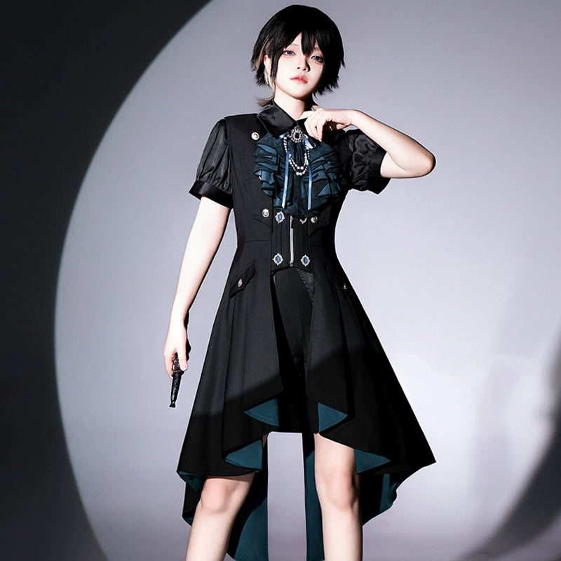 Ouji Fashion Lolita Set Black Teal Ruffled Steampunk Long Coat Outfit