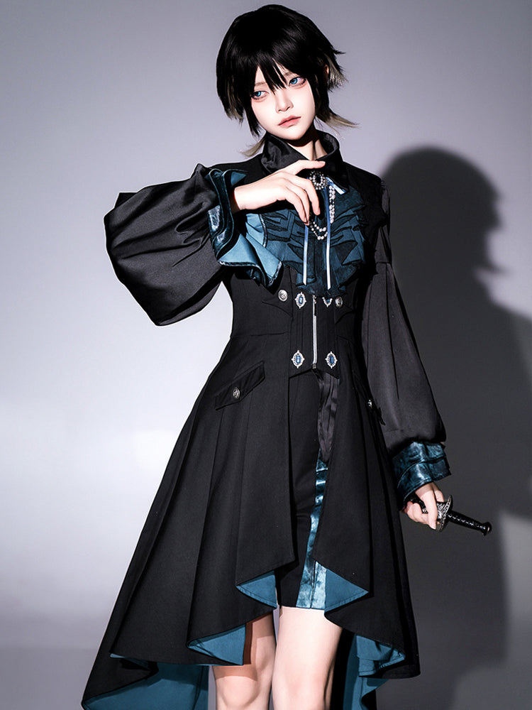 Ouji Fashion Lolita Set Black Teal Ruffled Steampunk Long Coat Outfit