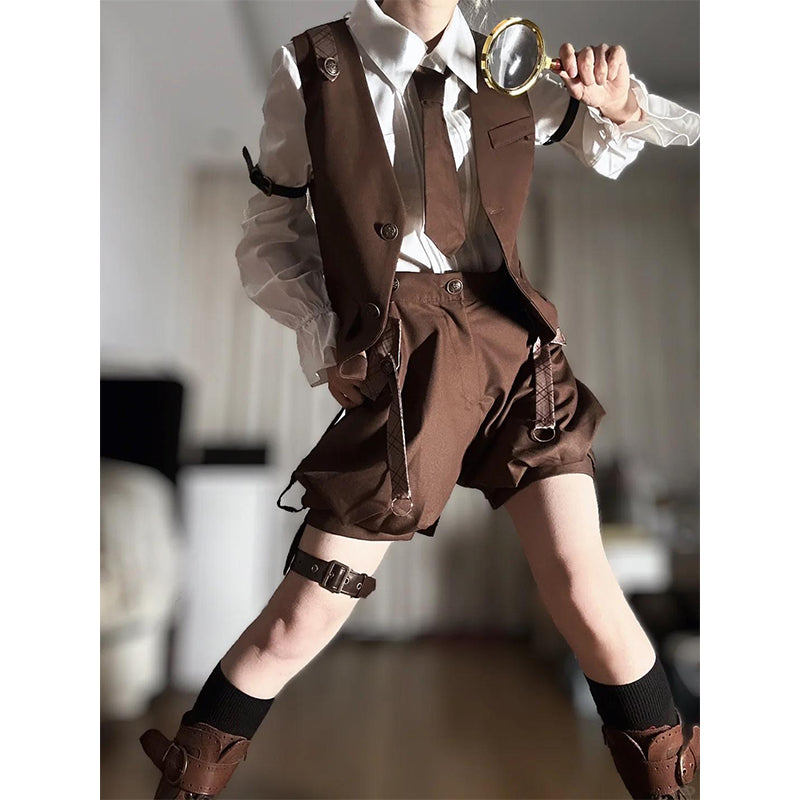 Ouji Fashion Lolita Set Brown Steampunk Detective White Shirt Vest Short Pants Outfit