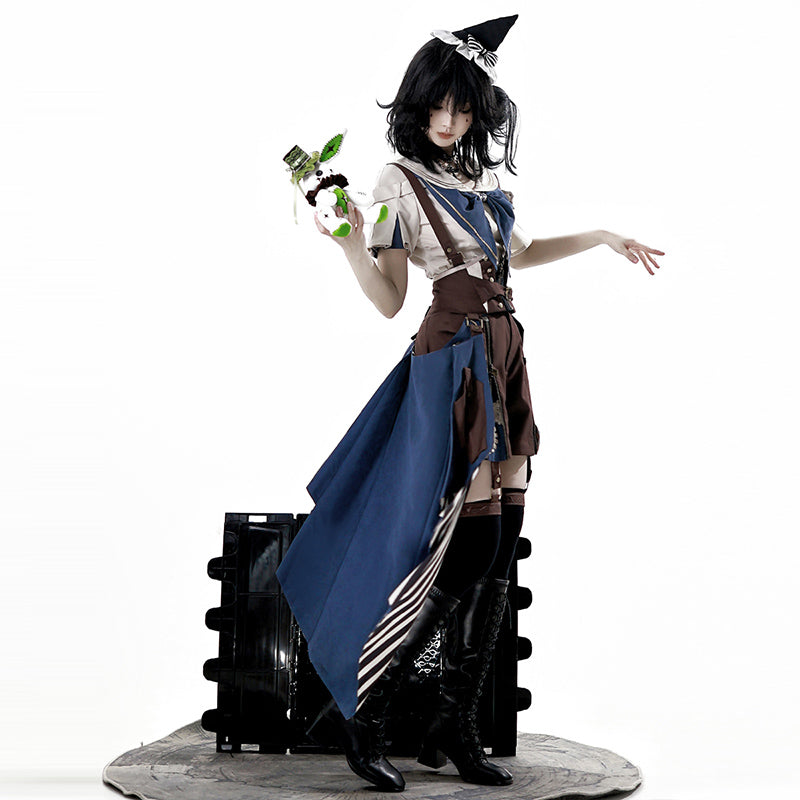 Ouji Fashion Lolita Steampunk Lolita Dress Set Navy Brown Layer Sailor Collar Shirt with Suspender Shorts