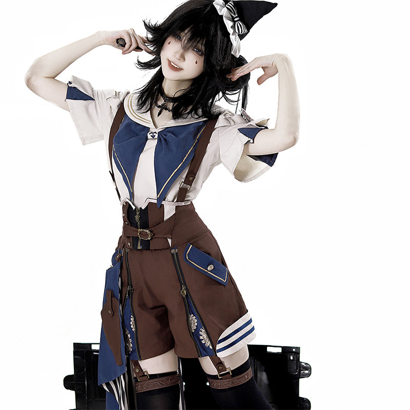 Ouji Fashion Lolita Steampunk Lolita Dress Set Navy Brown Layer Sailor Collar Shirt with Suspender Shorts