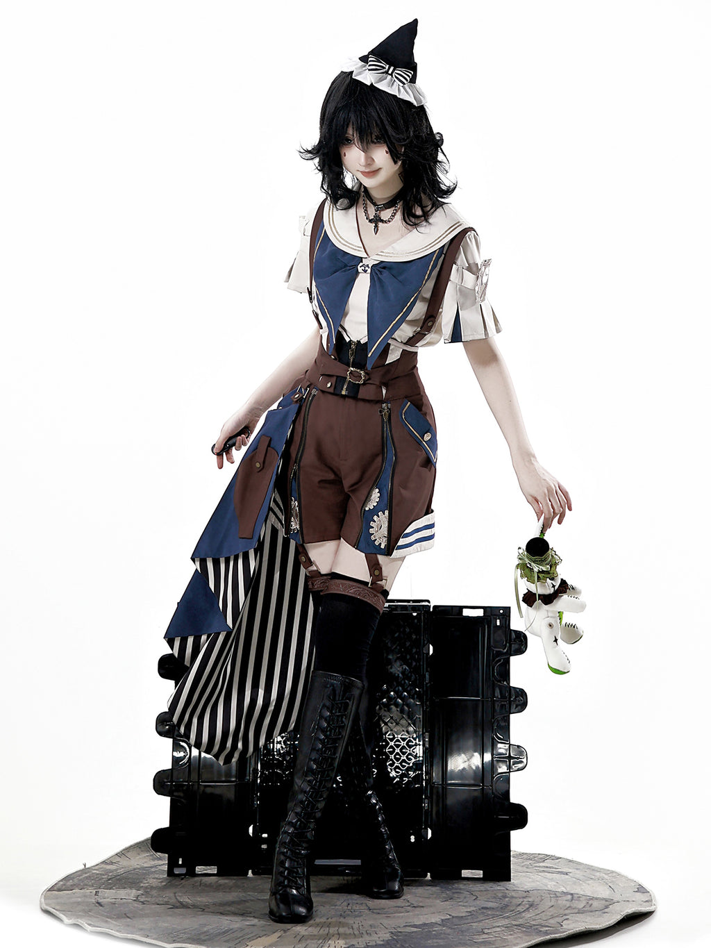 Ouji Fashion Lolita Steampunk Lolita Dress Set Navy Brown Layer Sailor Collar Shirt with Suspender Shorts