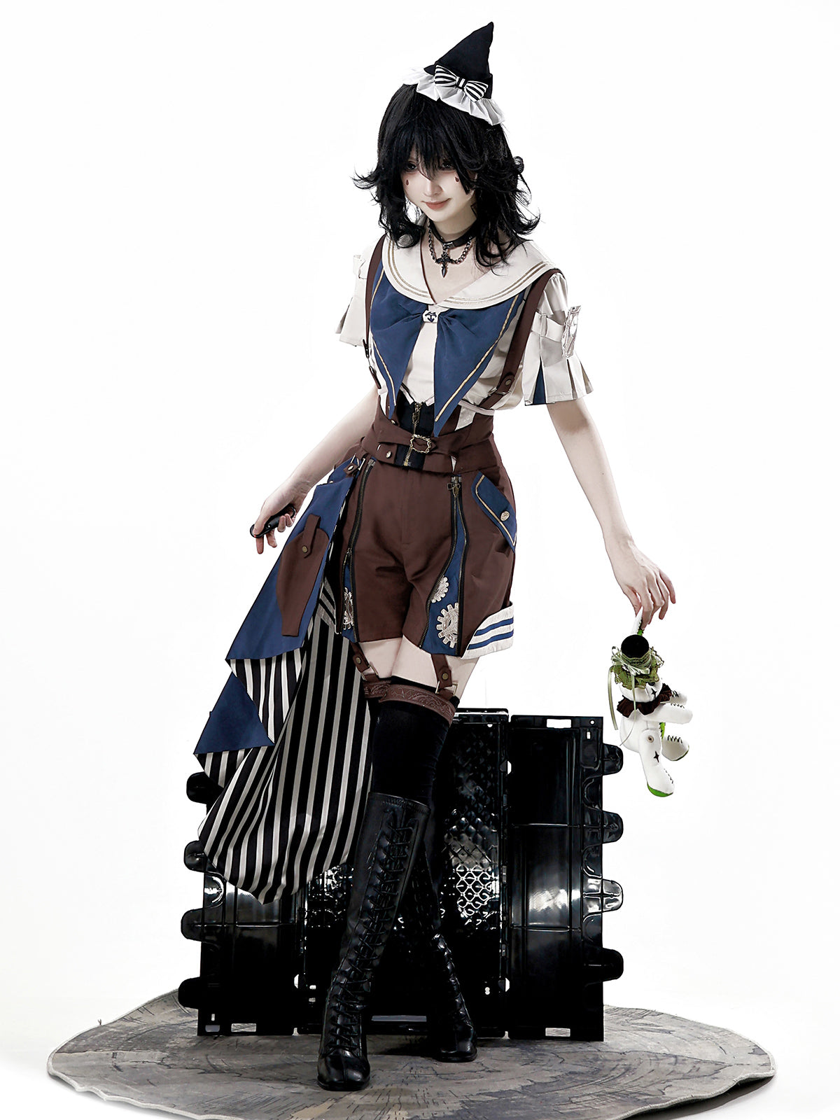 Ouji Fashion Lolita Steampunk Lolita Dress Set Navy Brown Layer Sailor Collar Shirt with Suspender Shorts