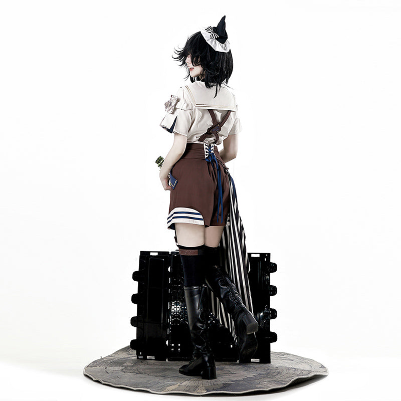 Ouji Fashion Lolita Steampunk Lolita Dress Set Navy Brown Layer Sailor Collar Shirt with Suspender Shorts
