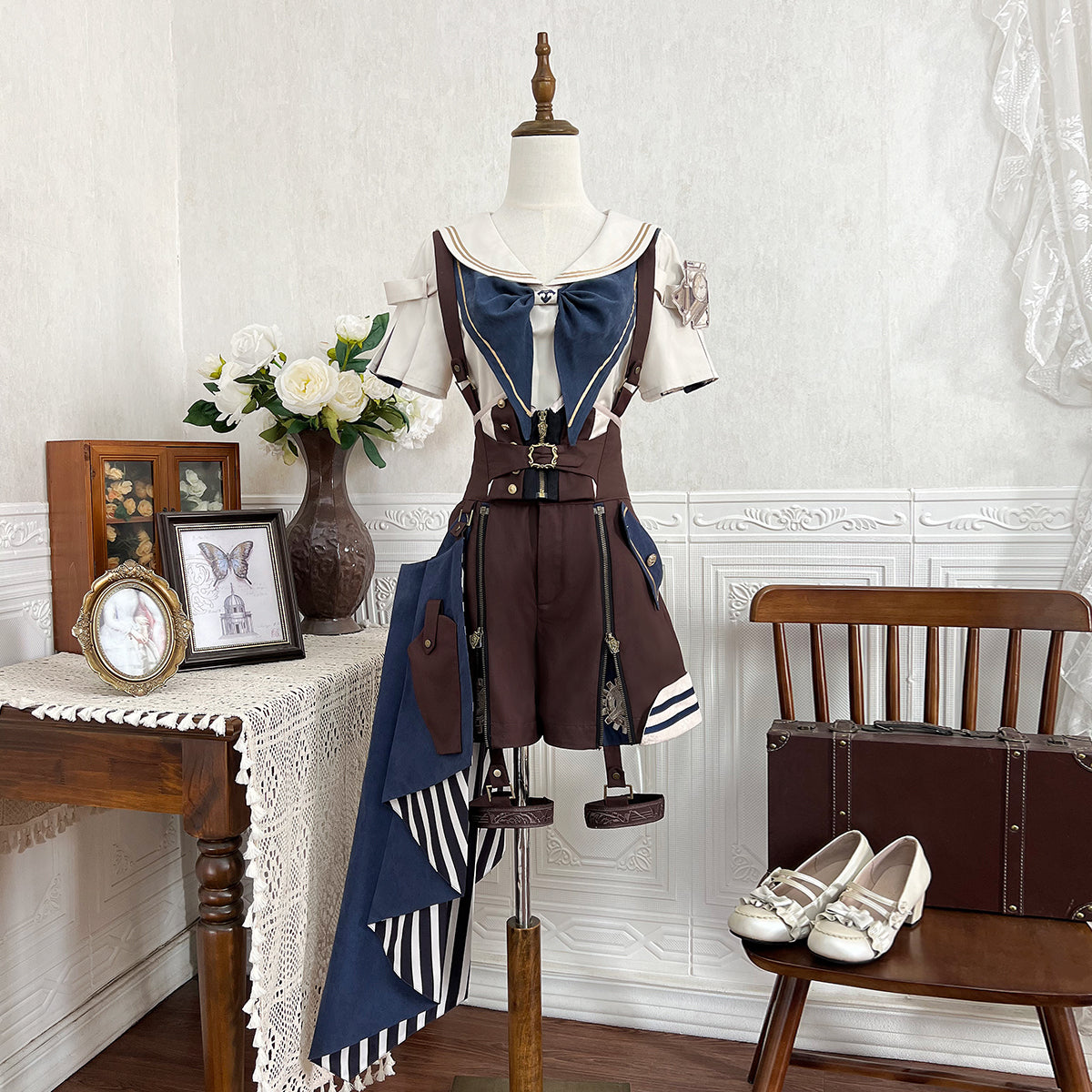 Ouji Fashion Lolita Steampunk Lolita Dress Set Navy Brown Layer Sailor Collar Shirt with Suspender Shorts