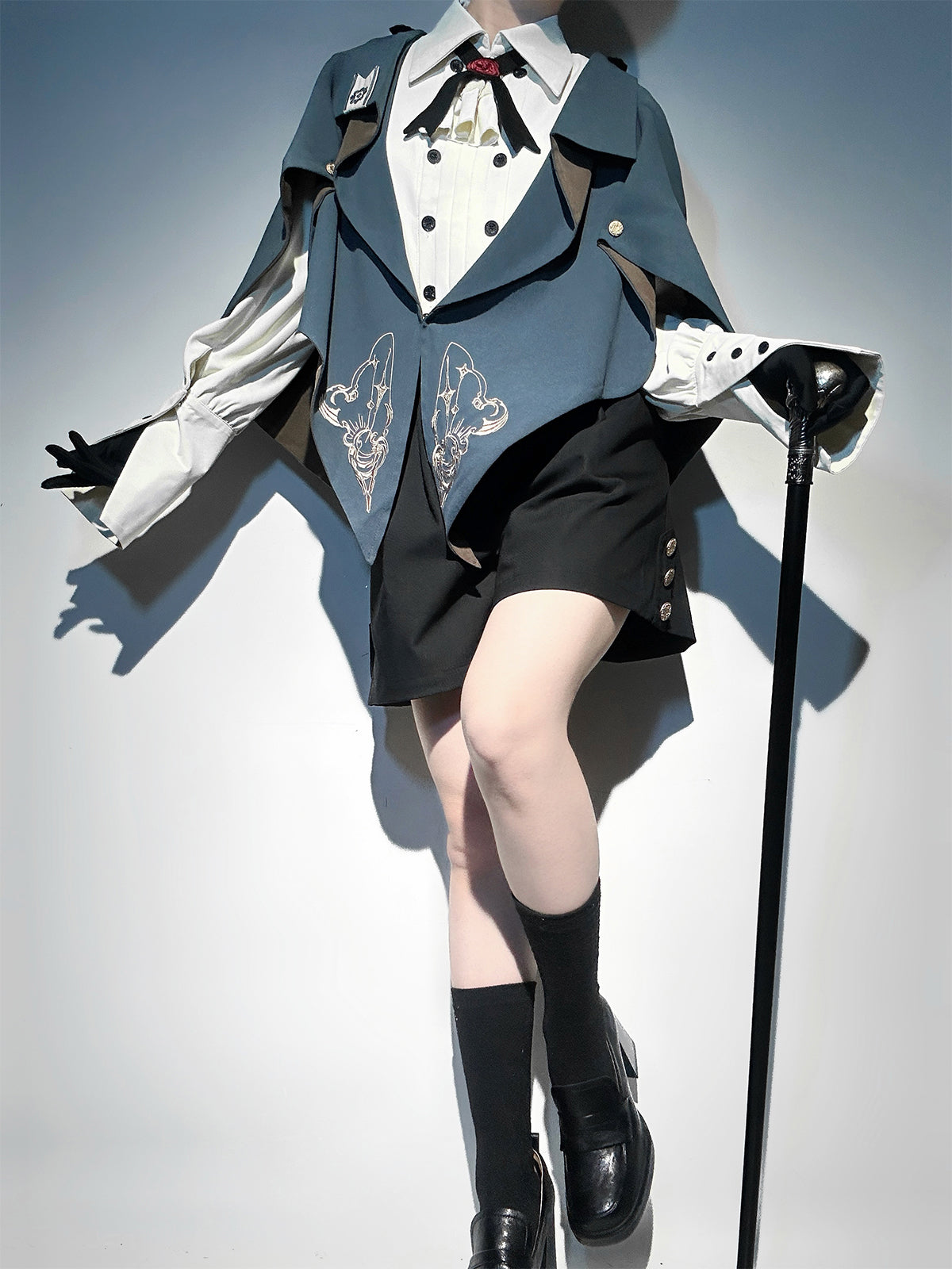 Ouji Fashion Lolita Steampunk Lolita Set Blue Brown Layered Vest Capelet Short Sleeved Shirt with Embroidered Accents