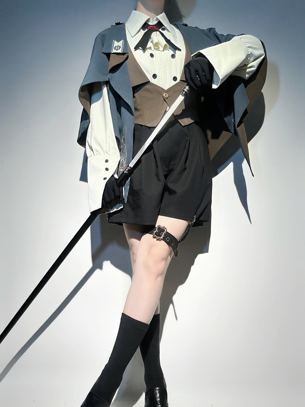 Ouji Fashion Lolita Steampunk Lolita Set Blue Brown Layered Vest Capelet Short Sleeved Shirt with Embroidered Accents