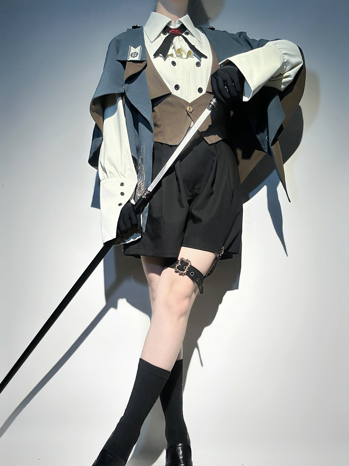 Ouji Fashion Lolita Steampunk Lolita Set Blue Brown Layered Vest Capelet Short Sleeved Shirt with Embroidered Accents