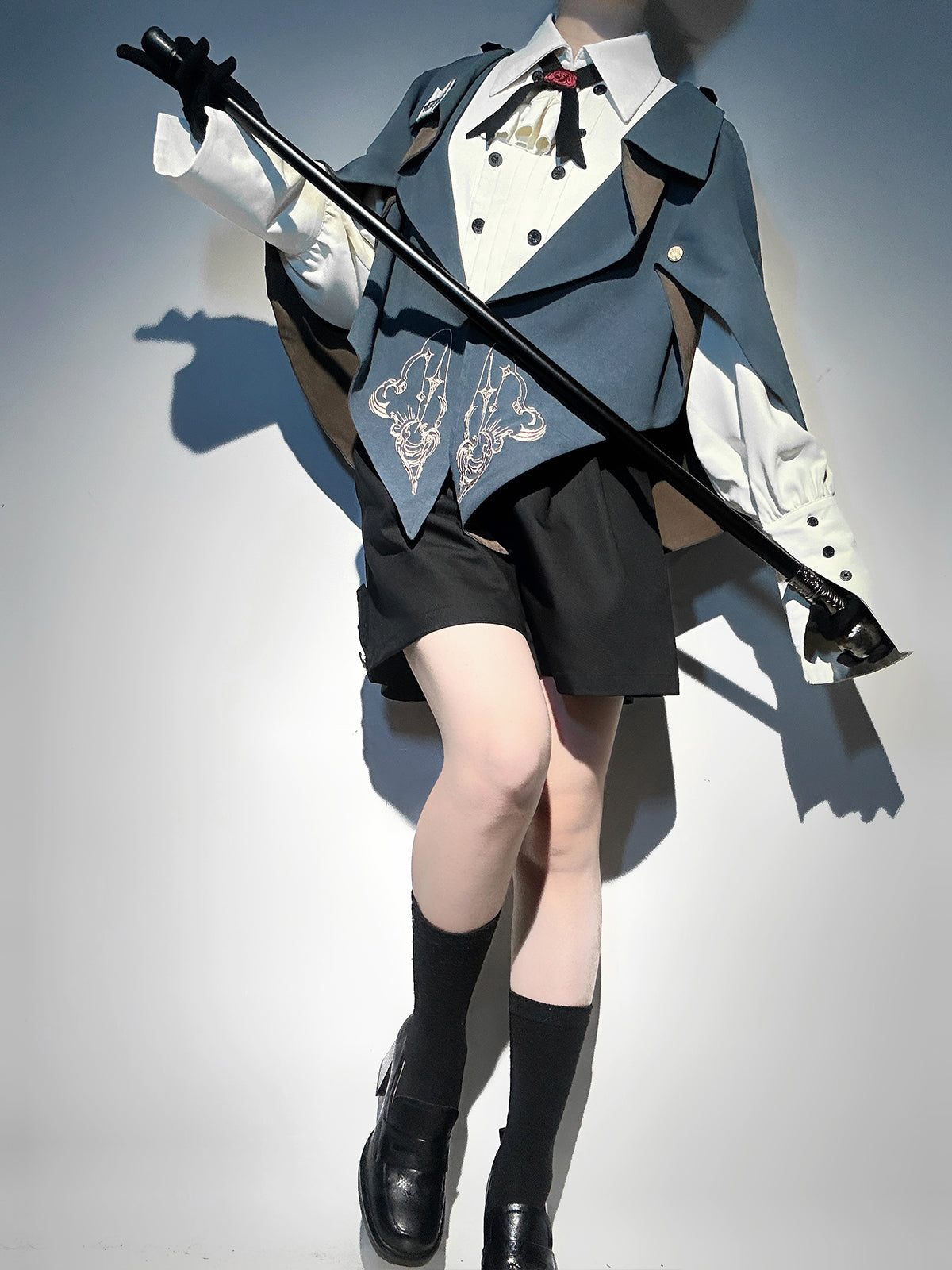 Ouji Fashion Lolita Steampunk Lolita Set Blue Brown Layered Vest Capelet Short Sleeved Shirt with Embroidered Accents