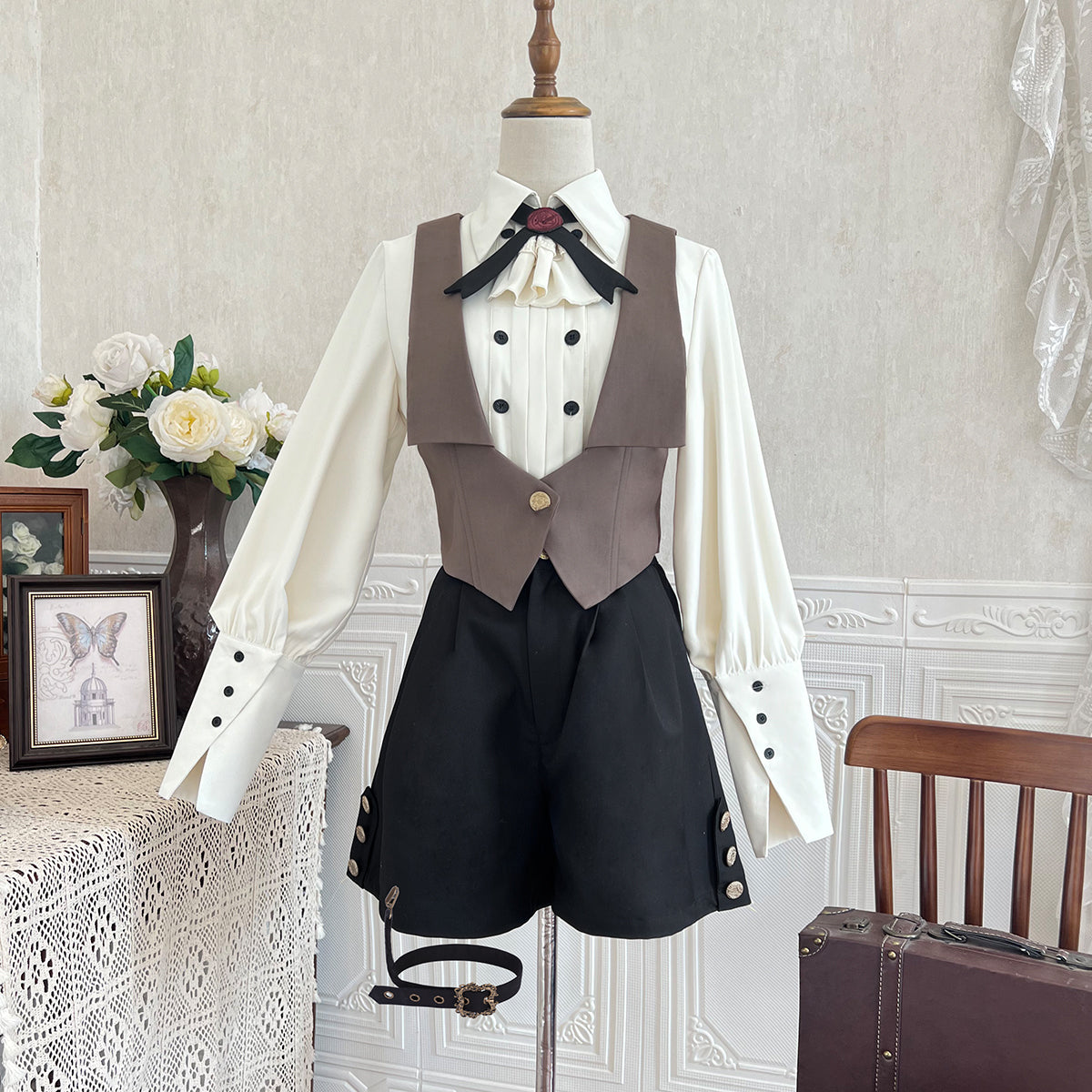 Ouji Fashion Lolita Steampunk Lolita Set Blue Brown Layered Vest Capelet Short Sleeved Shirt with Embroidered Accents