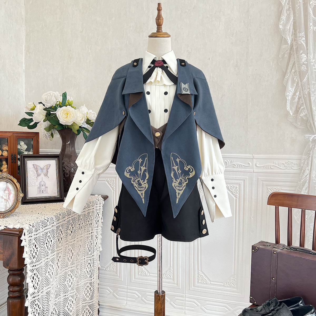 Ouji Fashion Lolita Steampunk Lolita Set Blue Brown Layered Vest Capelet Short Sleeved Shirt with Embroidered Accents