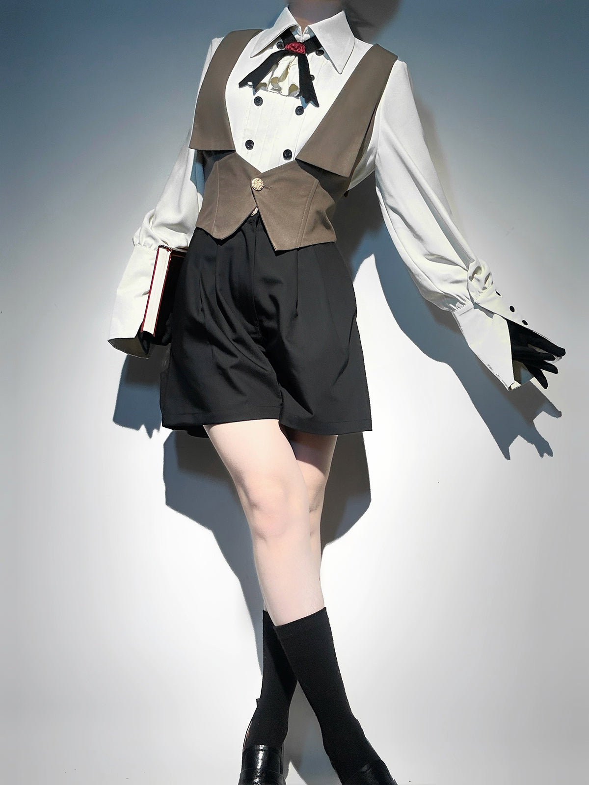 Ouji Fashion Lolita Steampunk Lolita Set Blue Brown Layered Vest Capelet Short Sleeved Shirt with Embroidered Accents