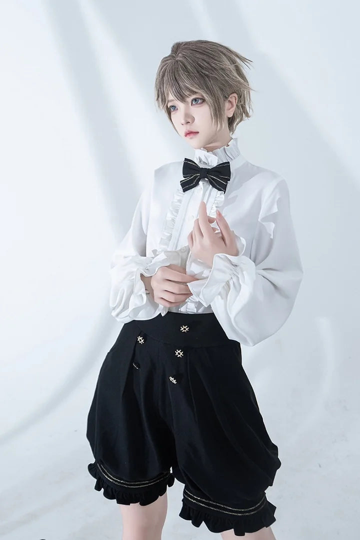 Ouji Fashion Lolita Vintage Medieval Prince Style Black Cape Shirt Set Elegant Gothic Style Blouse Shirt